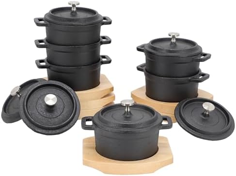MegaChef Cast Iron 8 Ounce Mini Dutch Oven with Wood Tray, Cookware, Bakeware, Serveware (6 Piece) by Elama