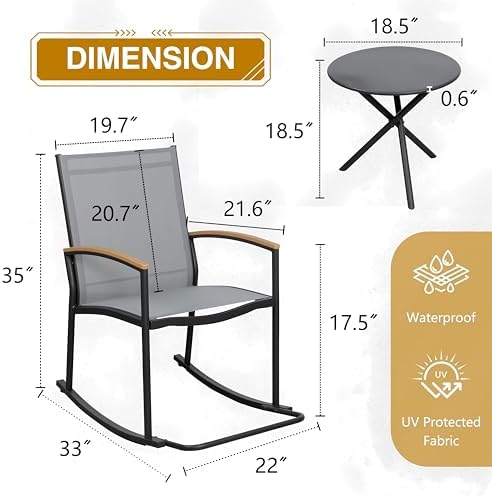 Shintenchi 3 Piece Outdoor Rocking Bistro Set, Textilene Fabric Small Patio Furniture Set, Front Porch Rocker Chairs Conversation Set with Table for Lawn, Garden, Balcony, Poolside (Light Gray) - Image 3