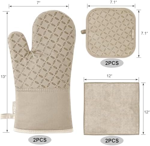 KEGOUU Oven Mitts and Pot Holders 6pcs Set, Kitchen Oven Glove High Heat Resistant 500 Degree Extra Long Oven Mitts and Potholder with Non-Slip Silicone Surface for Cooking (Almond) - Image 2