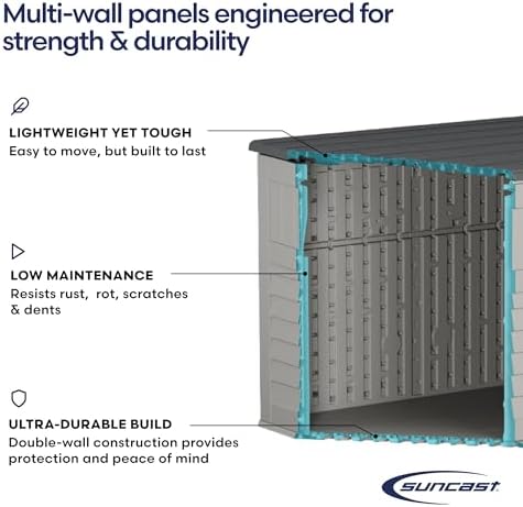 Suncast 5.9 ft. x 3.7 ft Horizontal Stow-Away Storage Shed - Natural Wood-Like Outdoor Storage for Trash Cans and Yard Tools - All-Weather Resin, Hinged Lid, Reinforced Floor - Made in the USA - Image 4
