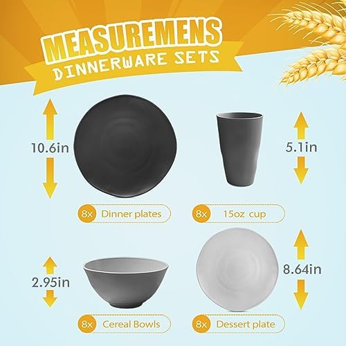 Teivio 32-Piece Kitchen Plastic Wheat Straw Dinnerware Sets, Service for 8, Dinner Plates, Dessert Plate, Cereal Bowls,Cups, Unbreakable Plastic Colorful Outdoor Camping Dishes, Irregular Gray Ombre - Image 2