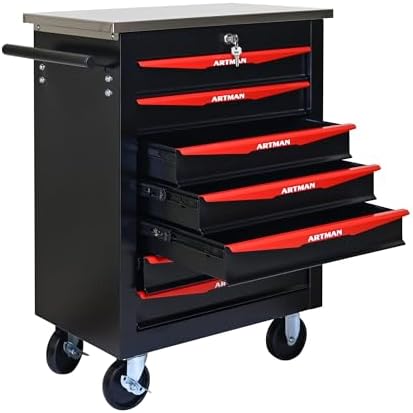 7-Drawer Heavy-Duty Rolling Steel Tool Cart with Handle&Wheels, Metal Storage Organizer Cabinet, Tool Chest for Efficient Tool Storage in Garage, Warehouse, Workshop, Repair Shop, Black&RED by Unknown