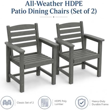 Patio Dining Chairs Set of 2, All-Weather HDPE Outdoor Dining Chair with High Back, Stackable Heavy Duty 400 lbs Lawn Armchair for Backyard Deck Porch Table, Gray - Image 2