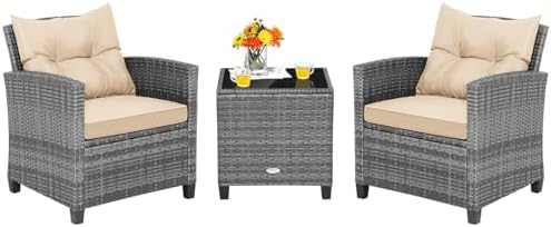 Tangkula 3 Pieces Wicker Patio Furniture Set, Outdoor Rattan Conversation Cushioned Chair Set with Tempered Glass Side Table, for Porch, Balcony and Garden by TANGKULA