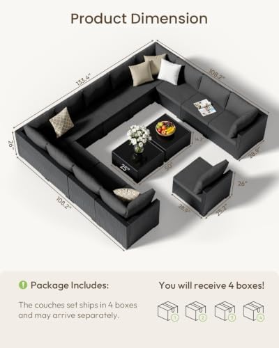 Patio Furniture Set - All-Weather - 14 Piece Patio Outdoor Conversation Set, Modular Wicker Rattan Sectional Sofa for Backyard, Garden, Poolside, Balcony, Porch, Patio, Black/Dark Gary - Image 6