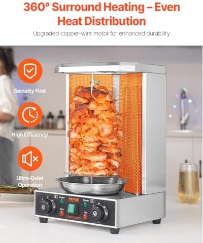 VEVOR Shawarma Grill Machine, 122°F-572°F, 13lbs Capacity, Chicken Shawarma Cooker Machine with 2 Burners, Stainless Steel, Electric Vertical Broiler Gyro Rotisserie Oven for Home and Commercial Use - Image 5