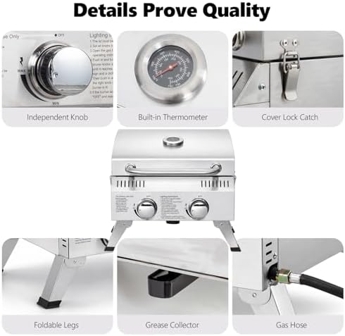 Bonnlo 2 Burner Portable Gas Grill, 20,000 BTU Tabletop Camping Grill with Ignition & Lockable Lid, Stainless Steel Propane Grill with Foldable Legs & Thermometer for Outdoor Patio BBQ RV Use - Image 3