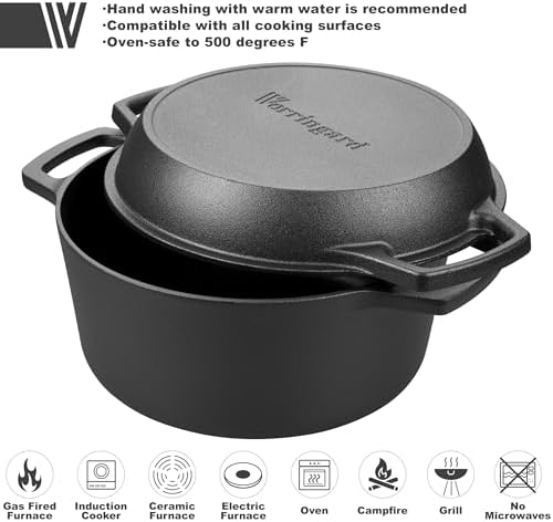 VORRINGARD Pre-seasoned Cast Iron Double Dutch Oven Pot with Skillet Lid, Dual-handle, for Bread Baking, Outdoor, Campfire Cooking, 5 Quart - Image 4