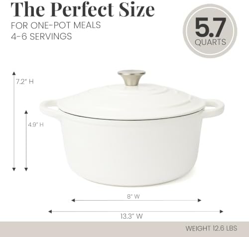 Larder & Vine 5.7 qt Enameled Cast Iron Dutch Oven Pot with Lid, White - Image 4