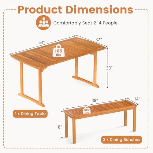Tangkula 3 Piece Acacia Wood Patio Dining Table Set, 63" Large Patio Table & 2 Backless Benches w/Umbrella Hole, Farmhouse Indoor Outdoor Diner Furniture for Garden Poolside Deck Kitchen - Image 4