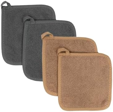 RITZ Terry Potholder & Hot Pad: Unparalleled Heat Resistant, Durable 100% Cotton – Ergonomically Designed for Optimal Grip – Easy-Care Machine Washable – 4-Pack, Mocha/Graphite by RITZ