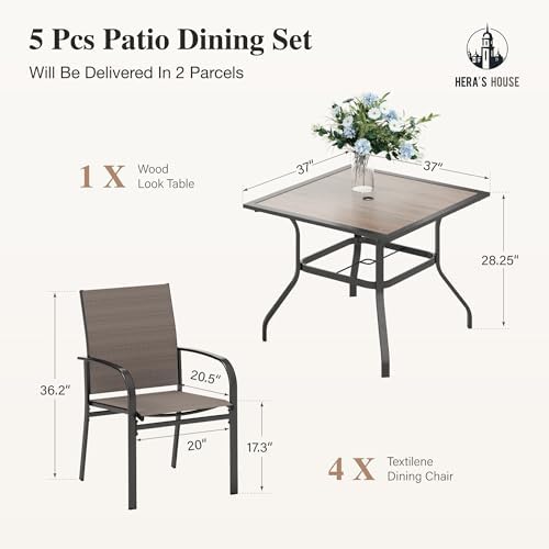 HERA'S HOUSE Patio Dining Set for 4, Wood-Look Metal Table, Brown Chair - Image 6