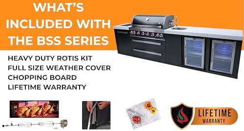 Mont Alpi 132"W x 23"D x 46"H Black Stainless Steel L-shaped Outdoor Kitchen Island + 2 Refrigerators + Beverage Center Faucet & Sink + 44"W 6-Burner BBQ Grill + Granite Countertops + Storage + Cover - Image 3