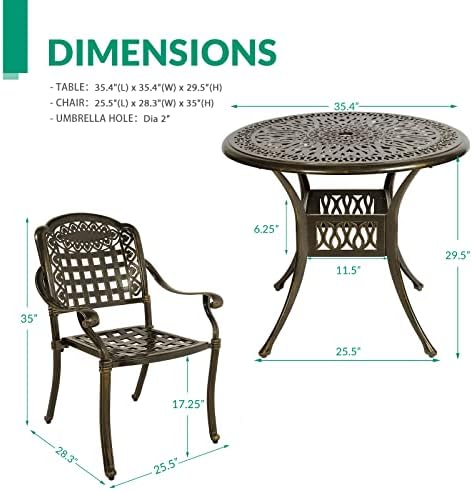 VIVIJASON 5-Piece Patio Furniture Dining Set, All-Weather Cast Aluminum Outdoor Conversation Set, Include 4 Chairs and a 35.4" Round Table w/Umbrella Hole for Balcony, Lawn, Garden, Backyard - Image 7