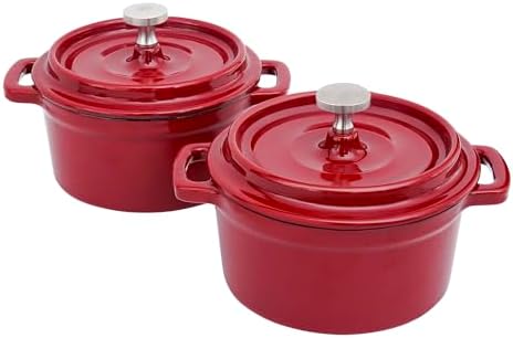 Flavehc Mini Cocotte 16 oz Mini Dutch Oven 0.5 qt. Cast Iron Garlic Roaster for Oven Garlic Confit Pot Ramekins with Lids Oven Safe Set of 2, Red by FLAVEHC