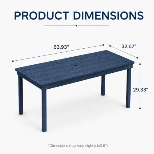 64" Rectangular Outdoor Dining Table, All-Weather HDPE Patio Table for 6-8 Person, Large Composite Wood Furniture with Umbrella Hole for Backyard Deck Garden Poolside, Navy Blue - Image 2