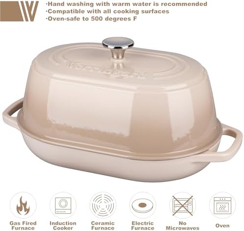 VORRINGARD Enameled Cast Iron Dutch Oven Pot with Dome Lid, Oval Bread Oven for Homemade Sourdough Bread Baking, Oven Safe up to 500°F, 6 Quart, Latte - Image 3