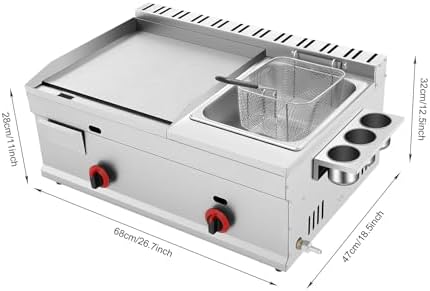 Gas Griddle, 6L/1.59Gal Stainless Steel Griddle & Deep Fryer Combo Gas Deep Fryer Gas Grill Griddle with Oil Draining Basket, Lid & 3 Spice Boxes, Commercial Griddle with Fryer for RV, Camping - Image 2