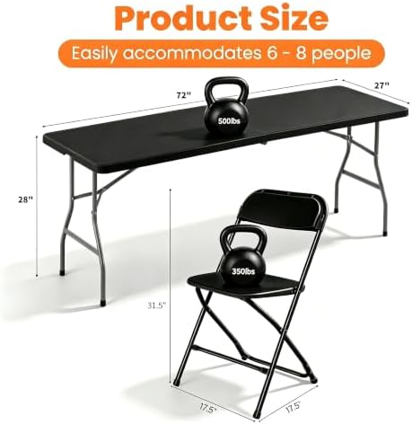 Black 6FT Folding Table with 6 Plastic Folding Chairs for Outside - Image 3