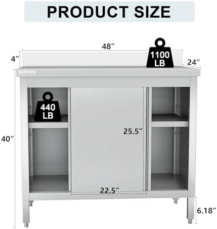 HARDURA 24"×48" Stainless Steel Cabinet Kitchen Prep Worktable - Image 2