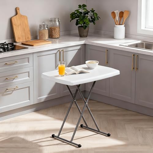 SUPER DEAL 2.5 Foot Plastic Folding Table, Indoor Outdoor Portable Heavy Duty Adjustable Height Kitchen or Camping Barbecues Picnic Party Tray Table, White - Image 2