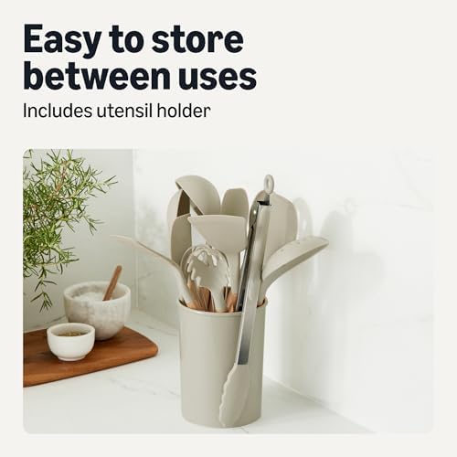 Amazon Basics Kitchen Utensils Set, 14-Piece Silicone Cooking Utensils with Wooden Handles, BPA-Free, Utensil Holder Included, Linen Gray - Image 6