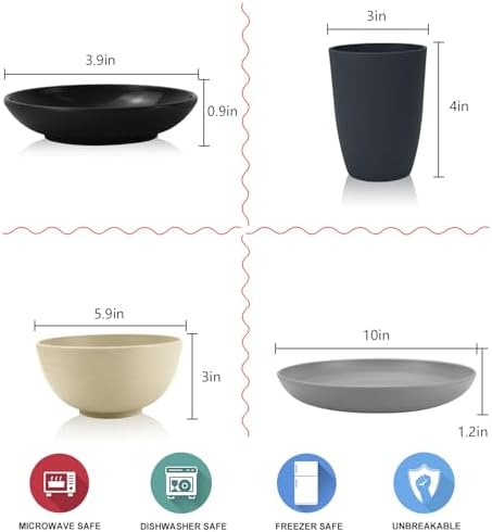 Wrova Wheat straw plates and bowls sets of 16 - Unbreakable wheat straw dinnerware sets for camping - Dishwasher safe and Freezer safe Dishes. Black & Grey - Image 2