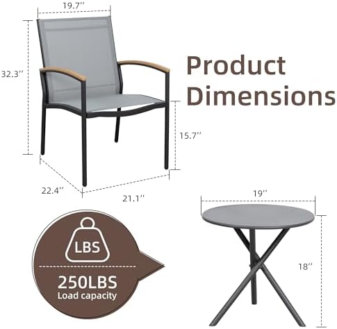 Shintenchi 3 Pieces Patio Bistro Sets, Outdoor Textilene Fabric Conversation Bistro Set, Textilene Fabric Front Porch Chairs Small Patio Furniture Set with Table for Lawn,Garden,Balcony (Grey) - Image 6