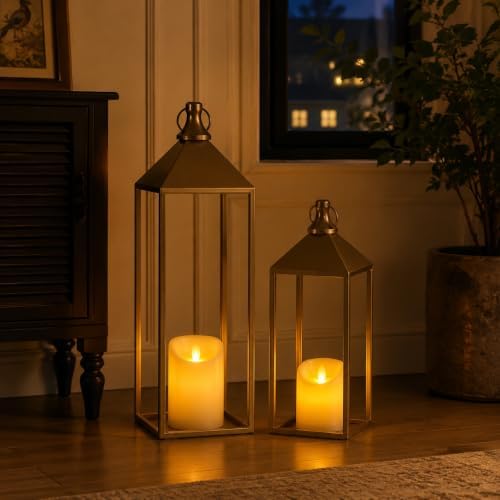 Set of 2 Decorative Lanterns with Candles, Gold Metal Lanterns Decor - Image 6