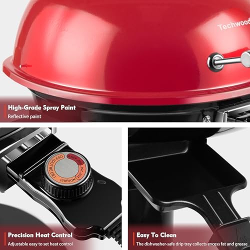 Electric Grill, Techwood Indoor/Outdoor Electric BBQ Grill, 1600W Portable Removable Stand Grill with Adjustable Heat & Drip Tray, Double Layer Design for Party, Patio & Backyard (Red) - Image 2