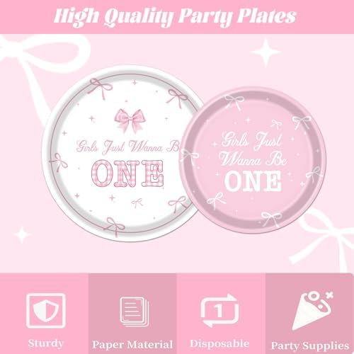 Girls Just Wanna Be One Birthday Decorations, 96PCS Pink Bow First Birthday Disposable Paper Plates and Napkins Party Decorations, Cute One Year Old Girl Forks Tableware Set for 24 Guests - Image 4