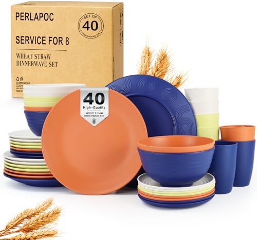 Wheat Straw Dinnerware Sets 40 PCS - Dishes Set for 8 Unbreakable Plates and Bowls Sets with Cups Dishwasher & Microwave Safe Lightweight Dinnerware for Kitchen Camping RV - Mondrian Colors by Perlapoc