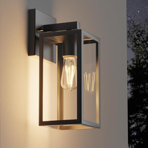 Kalium Porch Wall Lights Outdoor, Waterproof Lanterns with Frame and Clear Glass Shade, Exterior Front Porch Light Matte Black Wall Sconce, Modern Mounted Lighting for Patio Entryway Hallway by Kalium