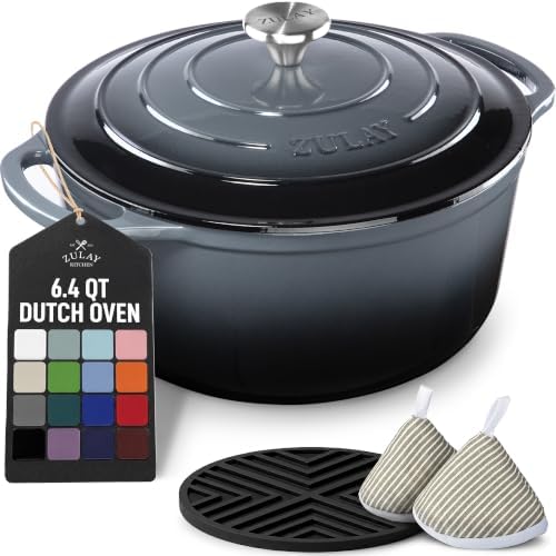 Zulay Kitchen 6.4QT Enameled Cast Iron Dutch Oven Pot with Lid, Heavy-Duty Soup Pot for Stews, Braising, Roasting & Sourdough Bread Baking, Oven Safe up to 500°F – Gray by ZulayKitchen