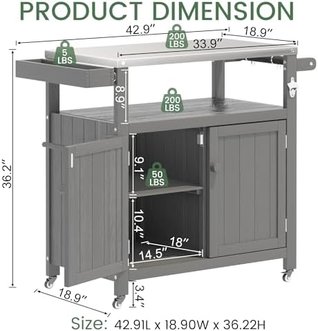 Weatherproof HIPS Outdoor Kitchen Island with Stainless Steel Top & Storage Cabinet, Movable Prep Table with Wheels for BBQ Food Prep, Outdoor Grill Cart for Parties, Grey - Image 6