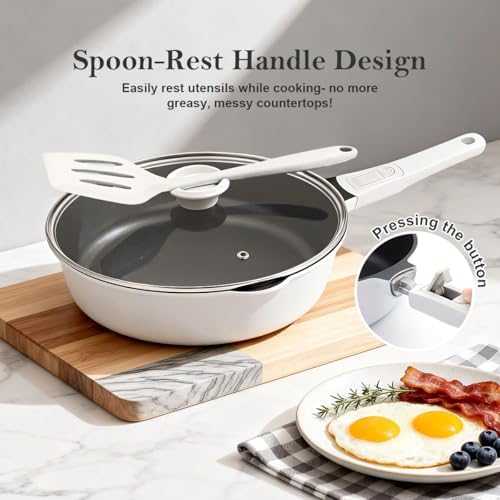 10 Inch Deep Frying Pan Skillet with Lid, Saute Pan Nonstick,White - Image 4