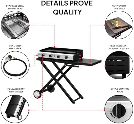 Bonnlo Foldable Flat Top Grill with 4 Burner, Powerful 40,000 BTU Propane Gas Grills with Ignition, Enamel Griddle, Side Shelf & Portable Cart with Wheels for Outdoor Camping Hibachi Grill Use - Image 4