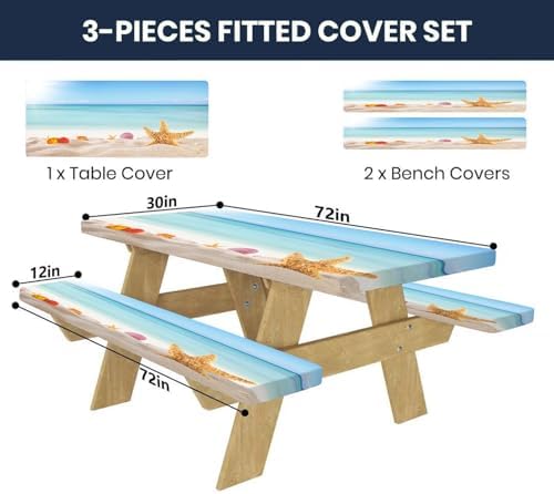 CAPSCEOLL Fitted Picnic Table Cover with Bench Covers 6ft - Sea Beach - Image 2