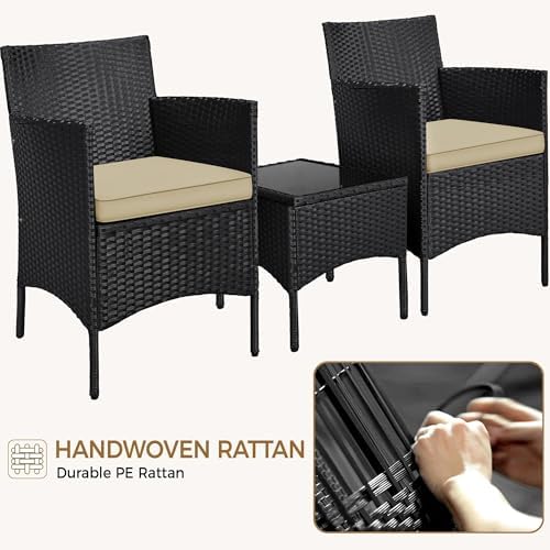 Yaheetech 3 Pieces Patio Conversation Set, Outdoor Rattan Bistro Furniture, 2 Chairs with Cushions & 1 Side Table for Bistro/Porch/Garden/Deck/Courtyard, Black/Khaki - Image 4