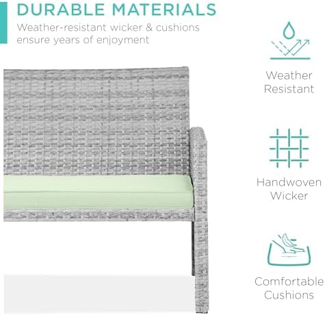 Best Choice Products 4-Piece Outdoor Wicker Patio Conversation Furniture Set for Backyard w/Coffee Table, Seat Cushions - Gray/Light Mint - Image 3