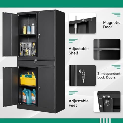 Letaya Metal Garage Storage Cabinet with Drawer,4 Door Tool Cabinet with Lock-2 Adjustable Shelves for Garage Home Office Utility Room (Black) - Image 4