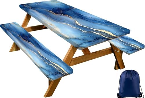 CAPSCEOLL Picnic Table Cover with Bench Covers 8ft - Dark Blue Marble by CAPSCEOLL