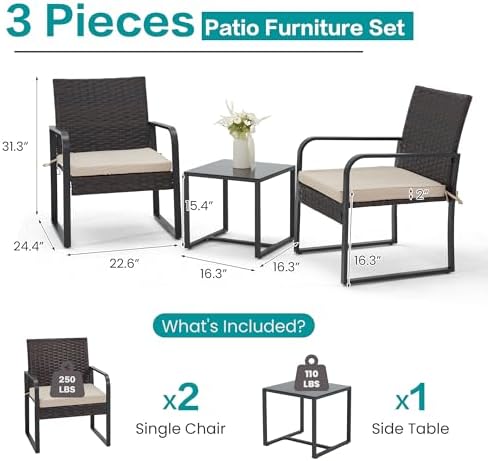 Bezseller 3-Piece Patio Furniture Set, Wicker Bistro Set, Brown - Image 3