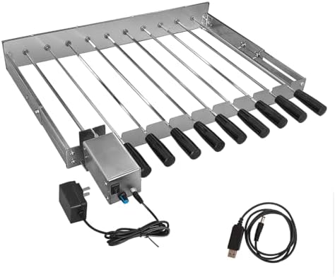 Electric Skewer Turner Stainless Steel Rotisserie Barbecue Grill with 10pcs Skewers and Adjustable Size (W) 58 x (D) 26-40 cm with Power Plug and USB BBQ Grill Rack by HDWYSY