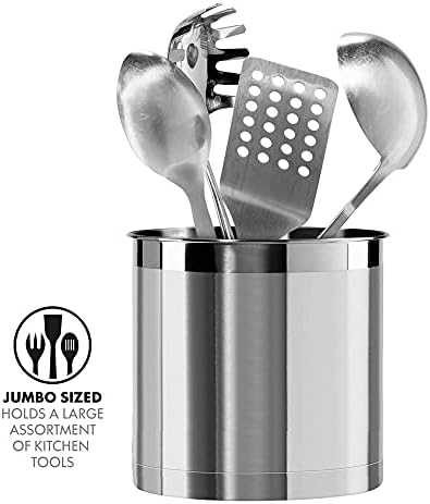 Oggi Stainless Steel Jumbo Utensil Holder - 7" Utensil Caddy, Weighted Base for Stability - Extra Large Utensil Crock and Countertop Utensil Organizer, Stainless Steel - Image 3