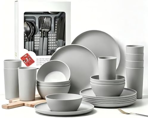 24pcs Matte Black Dinnerware Set, Plates Bowls & Cups, Unbreakable Dishes for 8, Reusable BPA‑Free Tableware, Dishwasher Safe for Kitchen Party Picnic Camping, Bonus Cutlery Set Included by Yarrggu