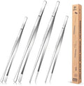 4 Pcs Fine Long Tweezer Tongs Professional Silver, 12'' and 10'' Stainless Steel for Kitchen, Food, Cooking, Repairing, Sea food and BBQ by BUNDLEPRO