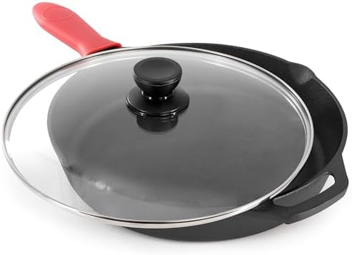 Megachef 12 Inch Pre-Seasoned Cast Iron Skillet with Tempered Glass Lid - Image 2