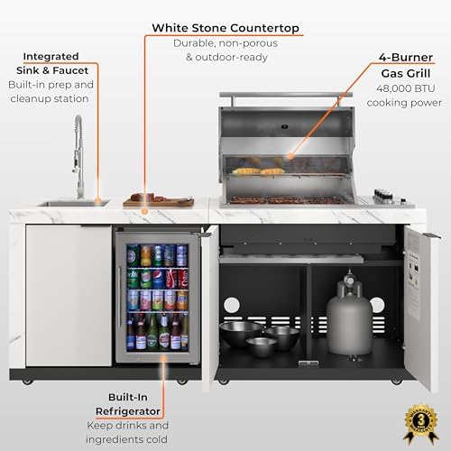 KoolMore Reserve 83 in. Outdoor Kitchen Suite with White Stone Counters and Sides, 4-Burner Grill, Stainless Steel Sink and Faucet - Image 2