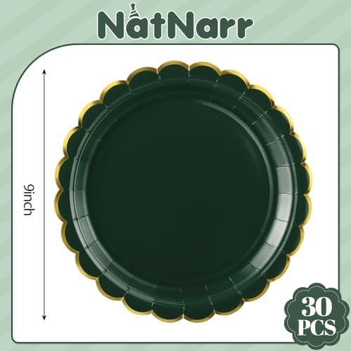 NatNarr 30 Pk Green Plates 9" Scalloped Dark Green Plates with Gold Rim - Image 2